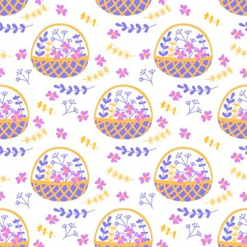 Vector seamless pattern with doodles of flowers and plants in wicker baskets. Stock Illustration