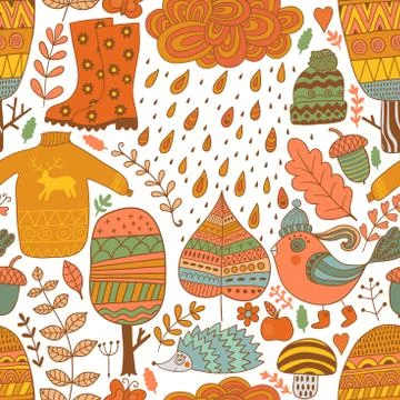 Vector seamless pattern, doodling autumn design. Hand draw trees and leafs over 스톡 일러스트