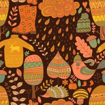 Vector seamless pattern, doodling autumn design. Hand draw trees and leafs over Stock Illustration
