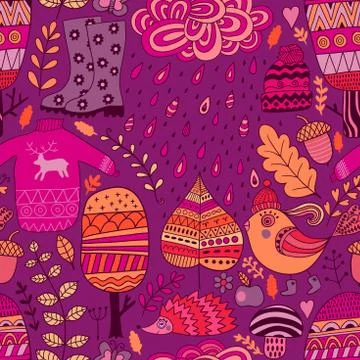 Vector seamless pattern, doodling autumn design. 스톡 일러스트