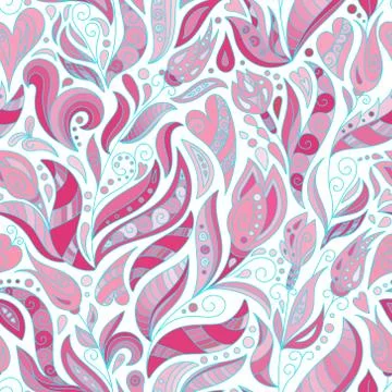 Vector seamless pattern, doodling design. Hand draw flowers, hearts and leafs イラスト素材