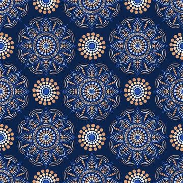 Vector seamless pattern with dot mandalas. Aboriginal style of dot painting Stock Illustration