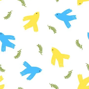 Vector seamless pattern with doves and olive branch in cartoon flat style on Stock Illustration