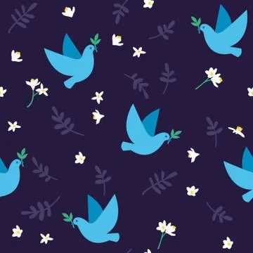 Vector seamless pattern with doves, flowers and leaves Stock Illustration