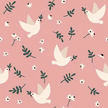 Vector seamless pattern with doves, flowers and leaves イラスト素材