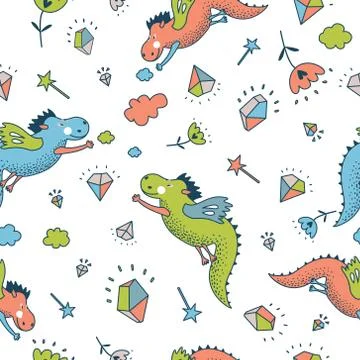 Vector seamless pattern with dragon, diamond, flowers イラスト素材