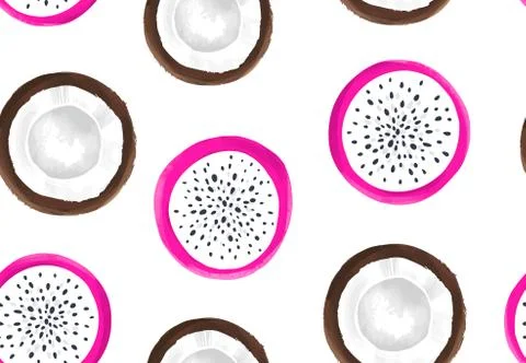 Vector seamless pattern with dragon fruit and coconut. Pitaya or Pitahaya Stock Illustration