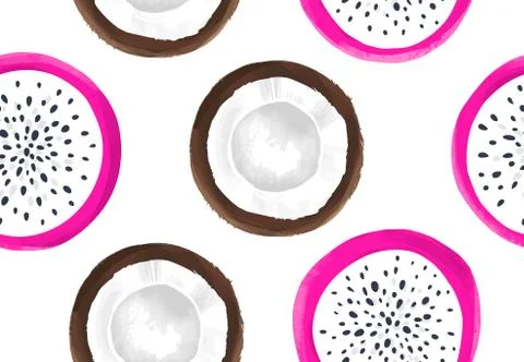 Vector seamless pattern with dragon fruit and coconut. Pitaya or Pitahaya Stock Illustration