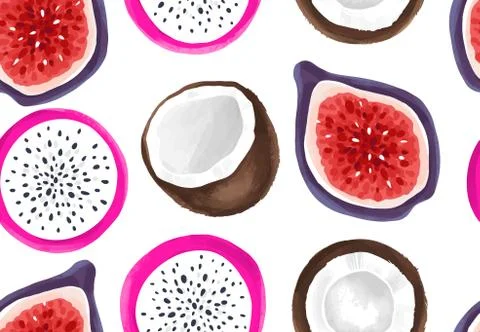 Vector seamless pattern with dragon fruit and coconut. Pitaya or Pitahaya Stock Illustration