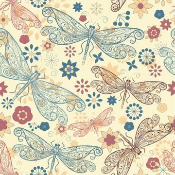 Vector seamless pattern with  dragonflies and flowers Stock Illustration