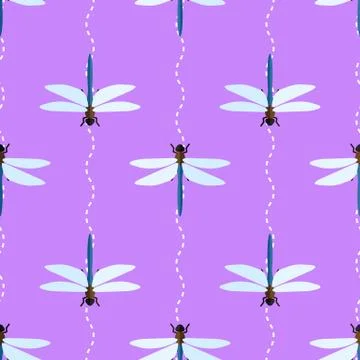 Vector seamless pattern with dragonflies and wavy lines Stock Illustration