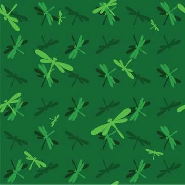 Vector seamless pattern with dragonfly on dark green background. wallpaper Stock Illustration