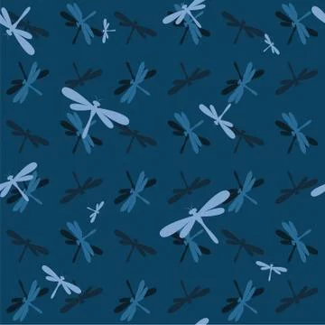 Vector seamless pattern with dragonfly on dark blue background. wallpaper Stock Illustration