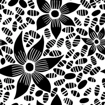 Vector seamless pattern with drawing flowers and seeds, monochrome artistic.. Stock Illustration