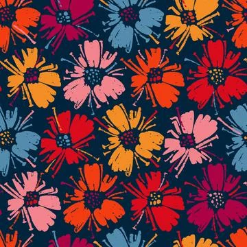 Vector seamless pattern with drawing poppy flowers, bright colors botanical i Stock Illustration