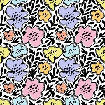 Vector seamless pattern with drawing wild flowers, leaves and branches, col.. Stock Illustration