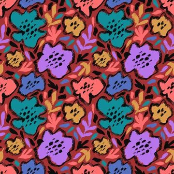 Vector seamless pattern with drawing wild flowers, leaves and branches, color Stock Illustration