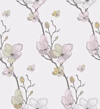 Vector Seamless Pattern with Drawn Cherry Flowers Stock Illustration