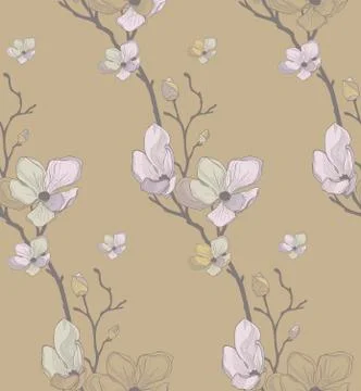 Vector Seamless Pattern with Drawn Cherry Flowers Stock Illustration