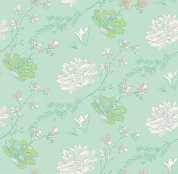 Vector Seamless Pattern with Drawn Flowers, Branches, Plants Stock Illustration