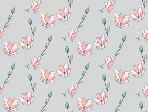 Vector Seamless Pattern with Drawn Flowers, Blossom 스톡 일러스트