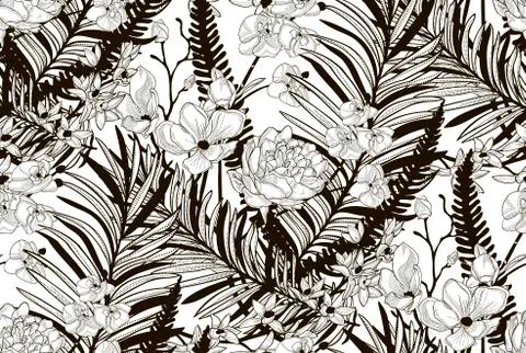 Vector Seamless Pattern with Drawn Flowers and Leaves Stock Illustration