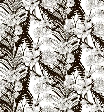 Vector Seamless Pattern with Drawn Flowers and Leaves Stock Illustration