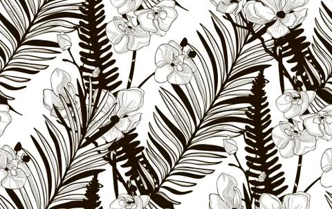 Vector Seamless Pattern with Drawn Flowers and Leaves Stock Illustration