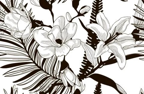 Vector Seamless Pattern with Drawn Flowers Stock Illustration