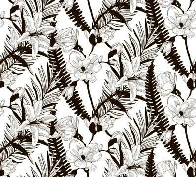 Vector Seamless Pattern with Drawn Flowers and Leaves Stock Illustration