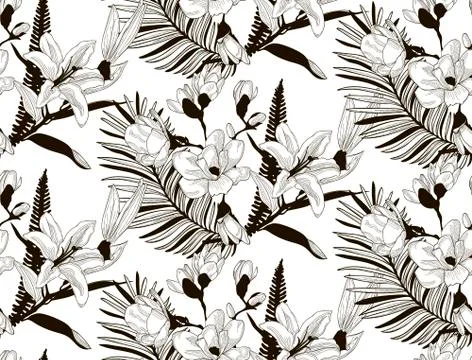 Vector Seamless Pattern with Drawn Flowers and Leaves Stock Illustration
