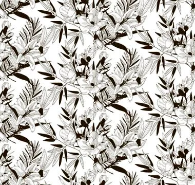 Vector Seamless Pattern with Drawn Flowers and Leaves Stock Illustration