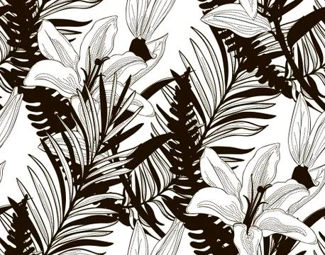 Vector Seamless Pattern with Drawn Flowers and Leaves Stock Illustration