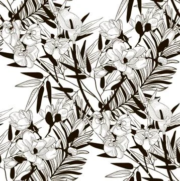 Vector Seamless Pattern with Drawn Flowers and Leaves Stock Illustration