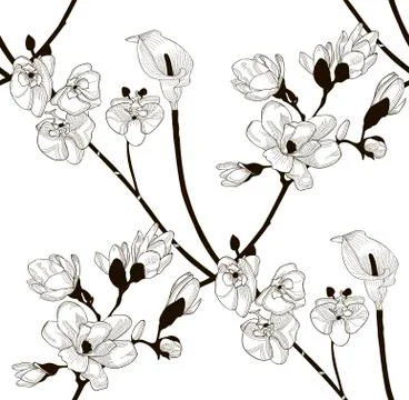 Vector Seamless Pattern with Drawn Flowers Stock Illustration