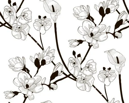 Vector Seamless Pattern with Drawn Flowers Stock Illustration