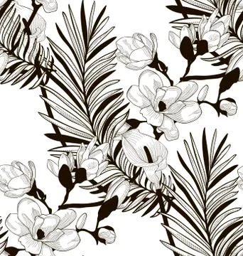 Vector Seamless Pattern with Drawn Flowers and Leaves Stock Illustration