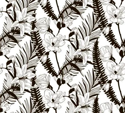 Vector Seamless Pattern with Drawn Flowers and Leaves Stock Illustration