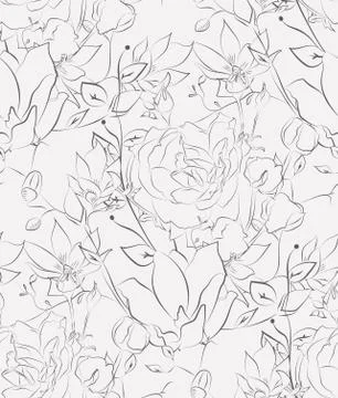 Vector Seamless Pattern with Drawn Flowers, Florals Stock Illustration