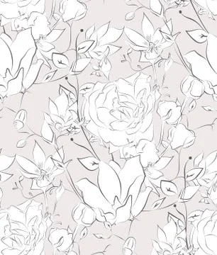 Vector Seamless Pattern with Drawn Flowers, Florals 스톡 일러스트