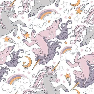 Vector seamless pattern with dreaming pink unicorns Illustrazione stock