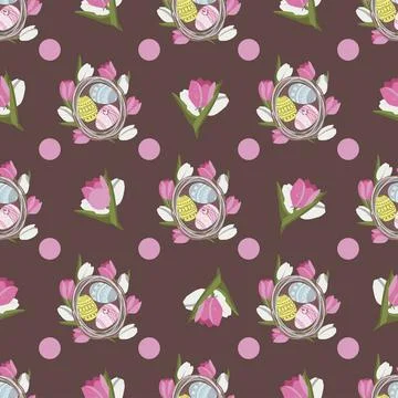 Vector seamless pattern with easter basket with eggs and flowers Stock Illustration