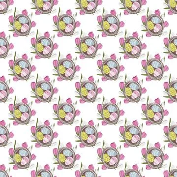 Vector seamless pattern with easter basket with eggs and flowers Stock Illustration