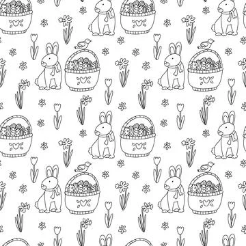 Vector seamless pattern with Easter bunnies and  baskets full of egg doodle Illustrazione stock