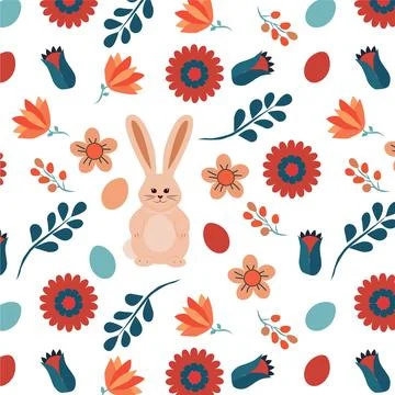Vector seamless pattern easter bunny with flower and eggs Stock Illustration