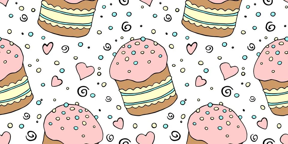 Vector seamless pattern with Easter cake, sweet bread or muffin. Colorful spr 스톡 일러스트