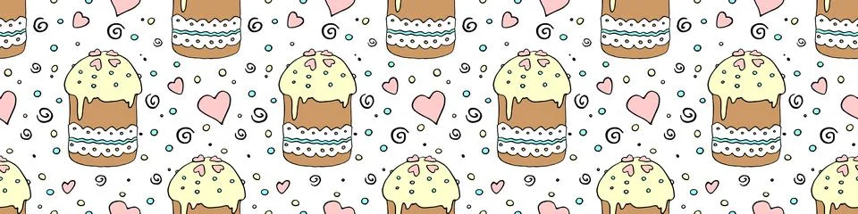 Vector seamless pattern with Easter cake, sweet bread or muffin. Colorful spr 스톡 일러스트