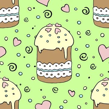 Vector seamless pattern with Easter cake, sweet bread or muffin. Colorful spr Stock Illustration