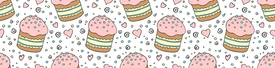 Vector seamless pattern with Easter cake, sweet bread or muffin. Colorful spr Stock Illustration