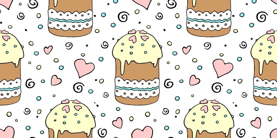 Vector seamless pattern with Easter cake, sweet bread or muffin. Colorful spr Stock Illustration